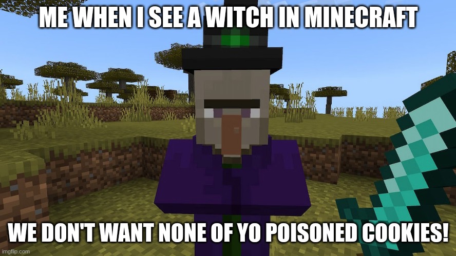 we don't want none of yo poisoned cookies! | ME WHEN I SEE A WITCH IN MINECRAFT; WE DON'T WANT NONE OF YO POISONED COOKIES! | image tagged in minecraft memes,funny,witch | made w/ Imgflip meme maker