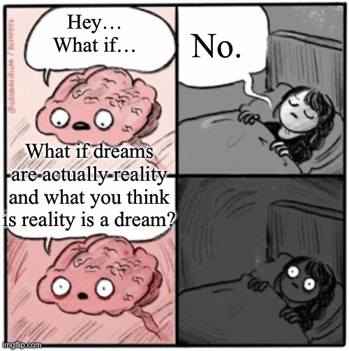 Brain Before Sleep | No. Hey… What if…; What if dreams are actually reality and what you think is reality is a dream? | image tagged in brain before sleep | made w/ Imgflip meme maker