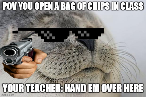 Satisfied Seal | POV YOU OPEN A BAG OF CHIPS IN CLASS; YOUR TEACHER: HAND EM OVER HERE | image tagged in memes,satisfied seal | made w/ Imgflip meme maker