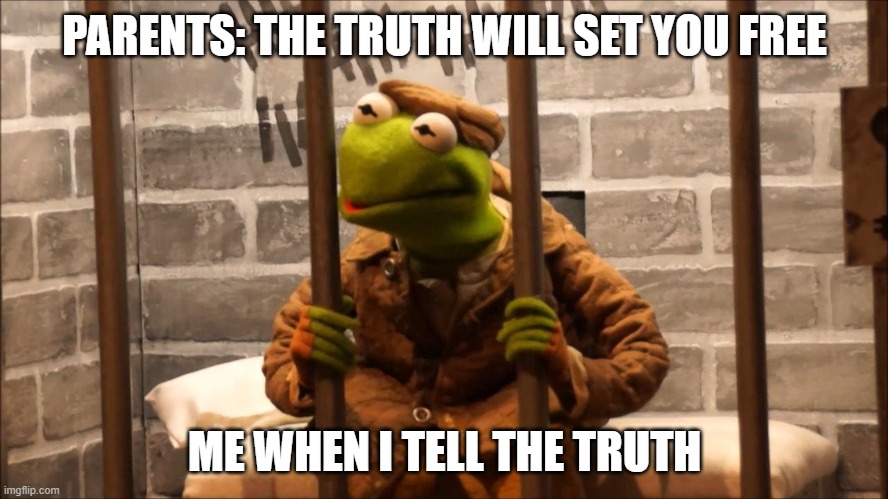 Kermit in jail | PARENTS: THE TRUTH WILL SET YOU FREE; ME WHEN I TELL THE TRUTH | image tagged in kermit in jail | made w/ Imgflip meme maker