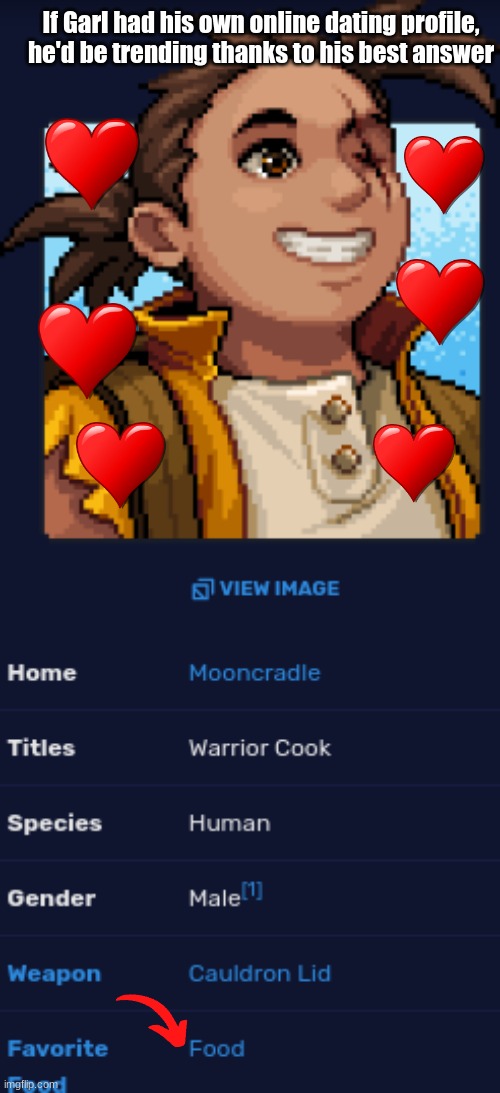 Sea of Stars characters finding love | If Garl had his own online dating profile, he'd be trending thanks to his best answer | image tagged in memes,funny,video games,love,online dating | made w/ Imgflip meme maker