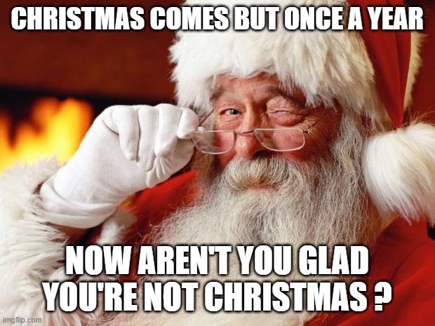 Christmas | CHRISTMAS COMES BUT ONCE A YEAR; NOW AREN'T YOU GLAD YOU'RE NOT CHRISTMAS ? | image tagged in santa | made w/ Imgflip meme maker