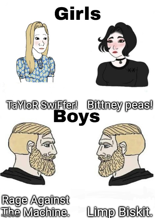 Band choices | Bittney peas! TaYloR SwiFfer! Limp Biskit. Rage Against The Machine. | image tagged in girls vs boys | made w/ Imgflip meme maker