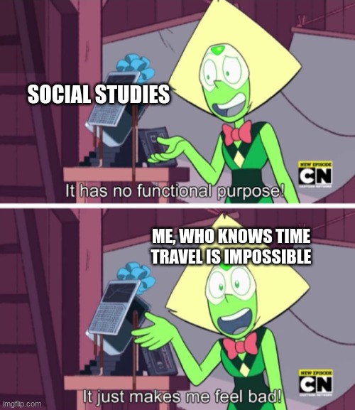 why did they even add social studies? | SOCIAL STUDIES; ME, WHO KNOWS TIME TRAVEL IS IMPOSSIBLE | image tagged in it just makes me feel bad | made w/ Imgflip meme maker