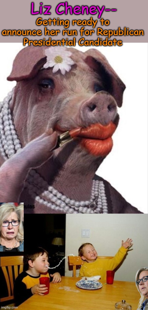 Maybe Mike Pence can endorse her... | Liz Cheney--; Getting ready to announce her run for Republican Presidential Candidate | image tagged in lipstick on a pig,memes,yo mamas so fat | made w/ Imgflip meme maker