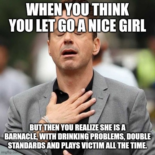 WHEN YOU THINK YOU LET GO A NICE GIRL; BUT THEN YOU REALIZE SHE IS A BARNACLE, WITH DRINKING PROBLEMS, DOUBLE STANDARDS AND PLAYS VICTIM ALL THE TIME. | image tagged in dodge,funny,crazy girlfriend | made w/ Imgflip meme maker
