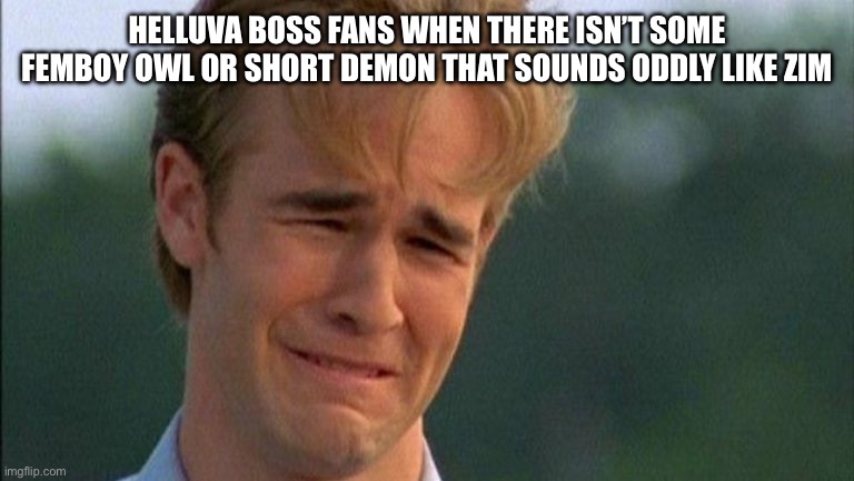 crying dawson | HELLUVA BOSS FANS WHEN THERE ISN’T SOME FEMBOY OWL OR SHORT DEMON THAT SOUNDS ODDLY LIKE ZIM | image tagged in crying dawson | made w/ Imgflip meme maker