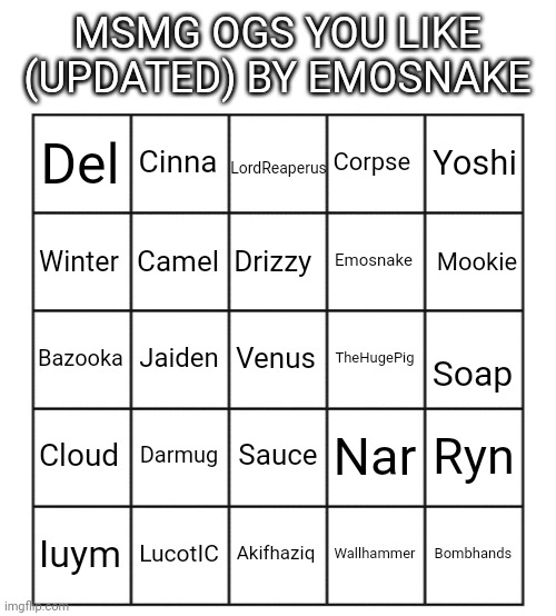 Repost and do it | MSMG OGS YOU LIKE (UPDATED) BY EMOSNAKE; Cinna; Yoshi; Del; Corpse; LordReaperus; Camel; Drizzy; Emosnake; Winter; Mookie; Jaiden; Venus; TheHugePig; Bazooka; Soap; Darmug; Sauce; Cloud; Nar; Ryn; Iuym; LucotIC; Akifhaziq; Wallhammer; Bombhands | image tagged in blank five by five bingo grid | made w/ Imgflip meme maker