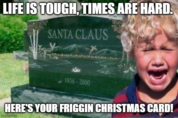 bad | LIFE IS TOUGH, TIMES ARE HARD. HERE'S YOUR FRIGGIN CHRISTMAS CARD! | image tagged in bad santa | made w/ Imgflip meme maker