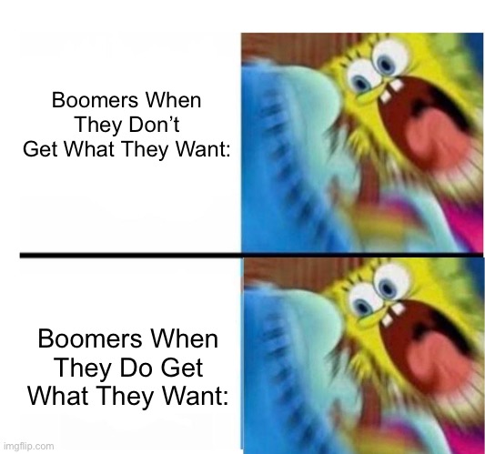 spongebob angry cute | Boomers When They Don’t Get What They Want:; Boomers When They Do Get What They Want: | image tagged in spongebob angry cute,memes | made w/ Imgflip meme maker