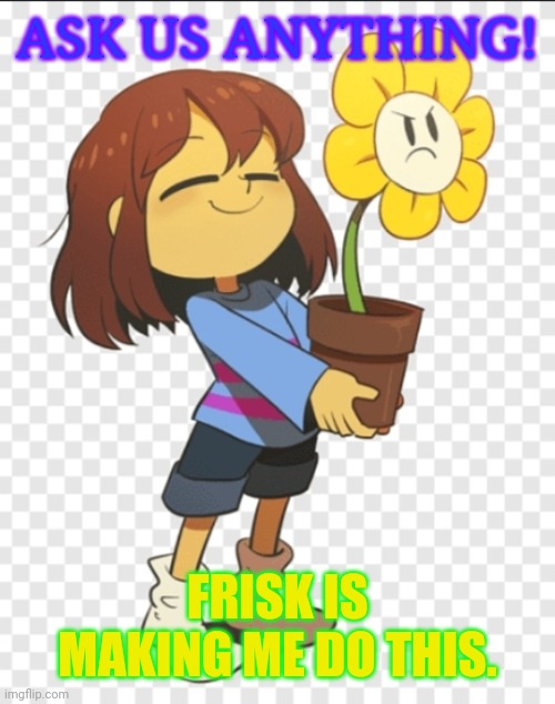 Ask Flowey and Frisk Anything! (Keep it PG-13 or less) | ASK US ANYTHING! FRISK IS MAKING ME DO THIS. | image tagged in undertale,ask an undertale character,frisk,flowey,sans undertale is coming for your big toe | made w/ Imgflip meme maker