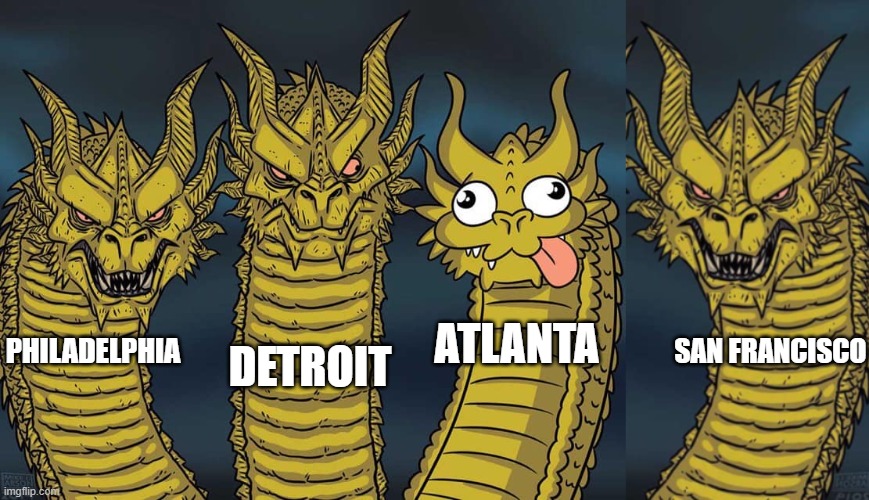 NFC Division leaders | DETROIT; ATLANTA; SAN FRANCISCO; PHILADELPHIA | image tagged in three dragons | made w/ Imgflip meme maker