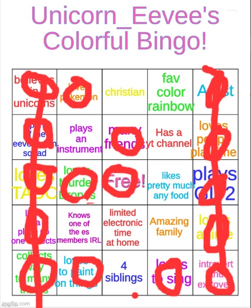 Unicorn_Eevee colorful bingo! | image tagged in unicorn_eevee colorful bingo | made w/ Imgflip meme maker