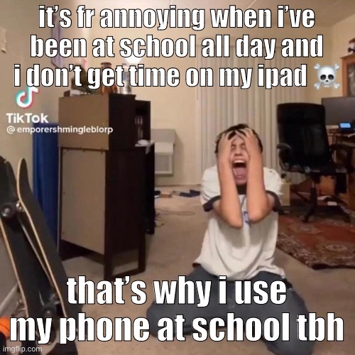 midterms are actually so lame | it’s fr annoying when i’ve been at school all day and i don’t get time on my ipad ☠️; that’s why i use my phone at school tbh | image tagged in me rn | made w/ Imgflip meme maker