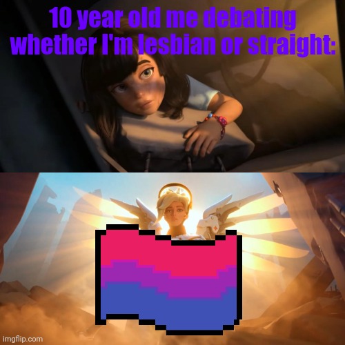 saved by bisexuality. | 10 year old me debating whether I'm lesbian or straight: | image tagged in overwatch mercy meme | made w/ Imgflip meme maker