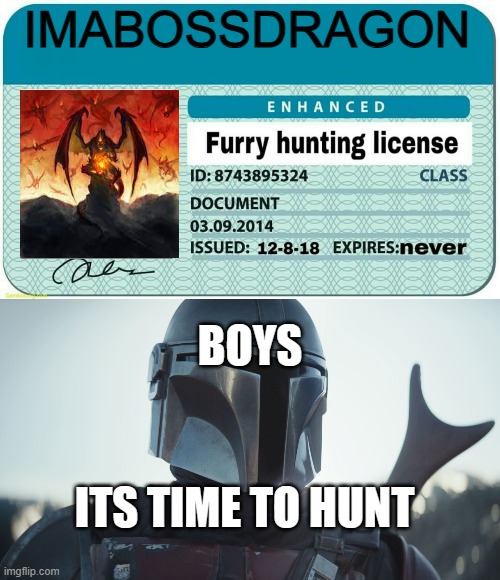 IMABOSSDRAGON BOYS ITS TIME TO HUNT | image tagged in furry hunting license,the mandalorian | made w/ Imgflip meme maker