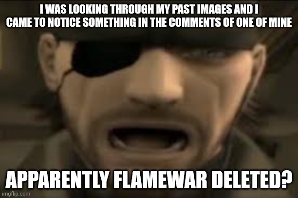 I'm absolutely sure about this unless he decided to get an alt | I WAS LOOKING THROUGH MY PAST IMAGES AND I CAME TO NOTICE SOMETHING IN THE COMMENTS OF ONE OF MINE; APPARENTLY FLAMEWAR DELETED? | image tagged in naked snake scream | made w/ Imgflip meme maker