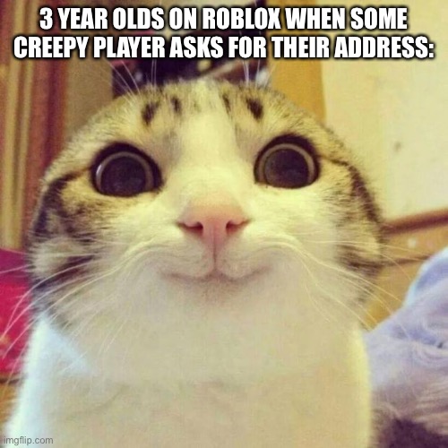 Smiling Cat | 3 YEAR OLDS ON ROBLOX WHEN SOME CREEPY PLAYER ASKS FOR THEIR ADDRESS: | image tagged in memes,smiling cat | made w/ Imgflip meme maker