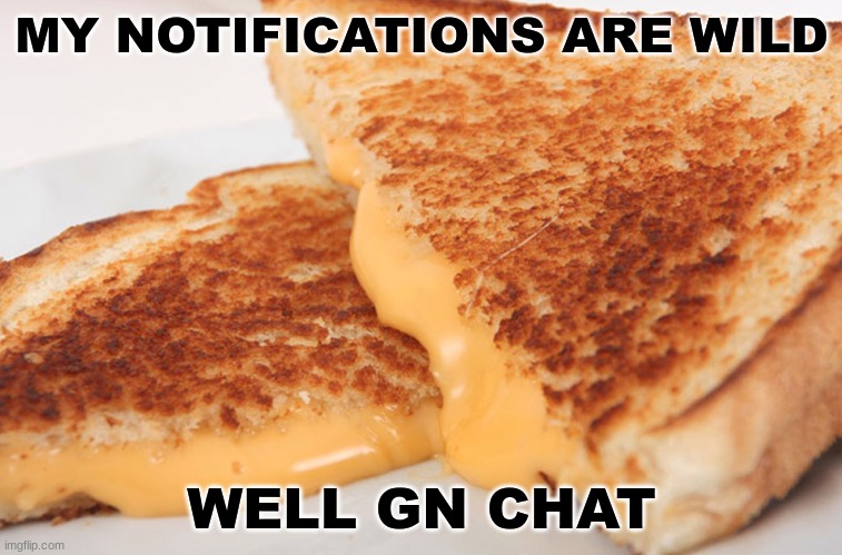 . | MY NOTIFICATIONS ARE WILD; WELL GN CHAT | image tagged in grilled cheese | made w/ Imgflip meme maker