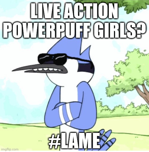 nah | LIVE ACTION POWERPUFF GIRLS? #LAME | image tagged in mordecai regular show shades lame,powerpuff girls,lame,memes,regular show | made w/ Imgflip meme maker