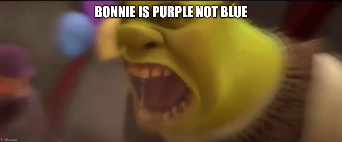 He is purple | BONNIE IS PURPLE NOT BLUE | image tagged in shrek screaming | made w/ Imgflip meme maker