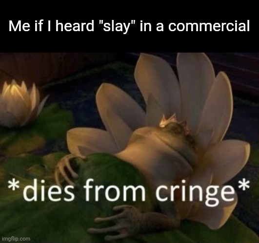 Dies from cringe | Me if I heard "slay" in a commercial | image tagged in dies from cringe | made w/ Imgflip meme maker