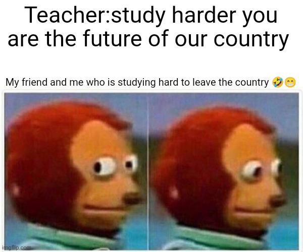 Monkey Puppet Meme | Teacher:study harder you are the future of our country; My friend and me who is studying hard to leave the country 🤣😁 | image tagged in memes,monkey puppet | made w/ Imgflip meme maker