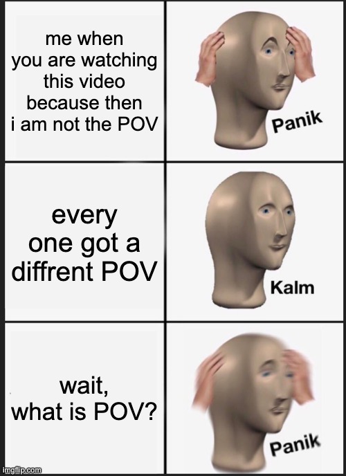 zong | me when you are watching this video because then i am not the POV; every one got a diffrent POV; wait, what is POV? | image tagged in memes,panik kalm panik | made w/ Imgflip meme maker