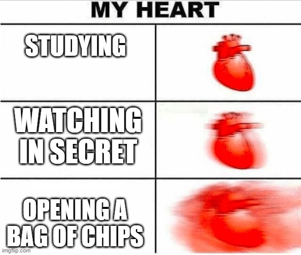 relatable | STUDYING; WATCHING IN SECRET; OPENING A BAG OF CHIPS | image tagged in heartbeat | made w/ Imgflip meme maker