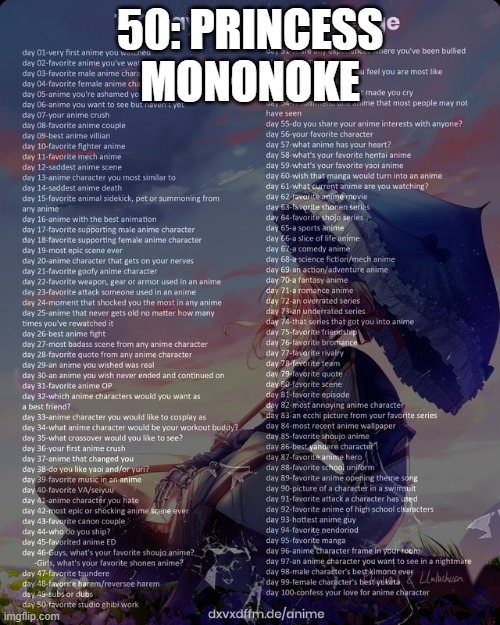 100 day anime challenge | 50: PRINCESS MONONOKE | image tagged in 100 day anime challenge | made w/ Imgflip meme maker