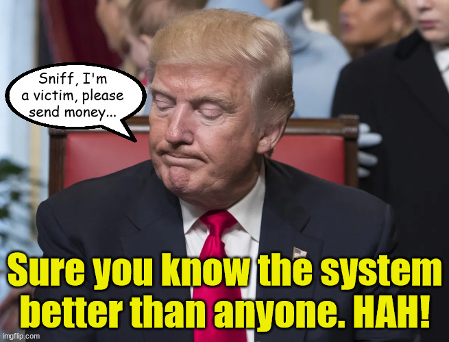 The Poor Rich Man | Sniff, I'm a victim, please send money... Sure you know the system better than anyone. HAH! | image tagged in trump,maga suckers,victim,deep state hoax,criminal coup,waaah | made w/ Imgflip meme maker