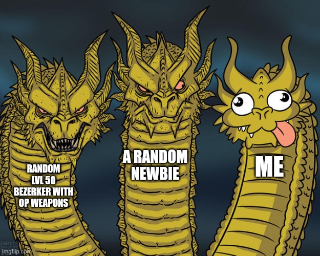 I always look so different when we play happy wars lol | A RANDOM NEWBIE; ME; RANDOM LVL 50 BEZERKER WITH OP WEAPONS | image tagged in three-headed dragon,chicken | made w/ Imgflip meme maker