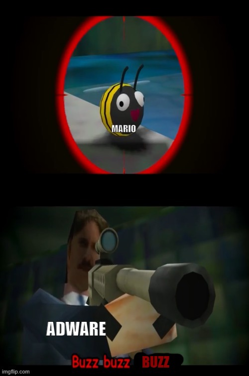 adware maybe after him next | MARIO; ADWARE; BUZZ | image tagged in swagmaster69 attempting to shoot a bee | made w/ Imgflip meme maker