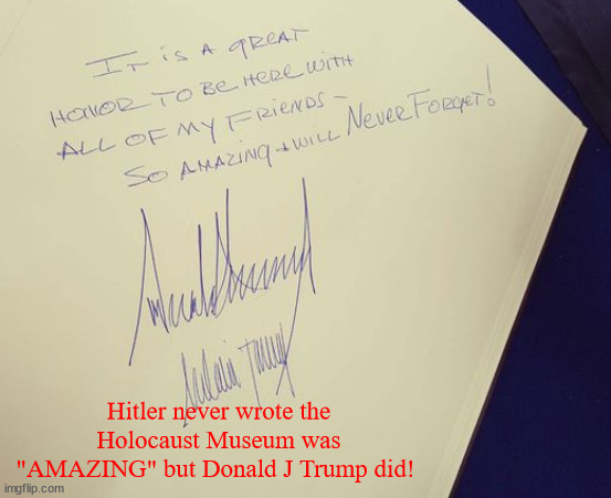 Better than Hitler | Hitler never wrote the Holocaust Museum was "AMAZING" but Donald J Trump did! | image tagged in donald trump,adolf hitler,jews,holocaust,maga,fascist | made w/ Imgflip meme maker