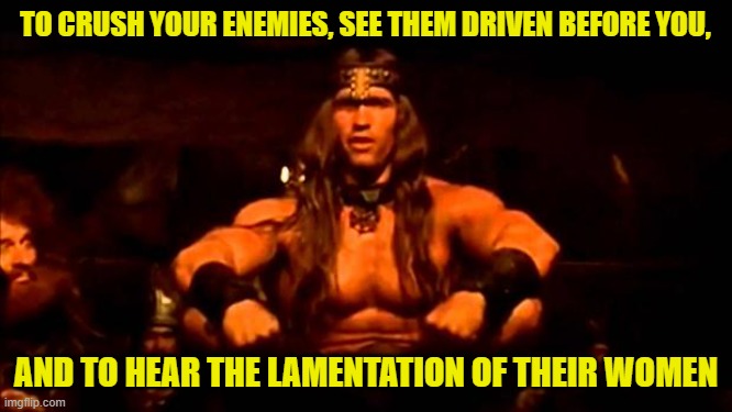 conan crush your enemies | TO CRUSH YOUR ENEMIES, SEE THEM DRIVEN BEFORE YOU, AND TO HEAR THE LAMENTATION OF THEIR WOMEN | image tagged in conan crush your enemies | made w/ Imgflip meme maker