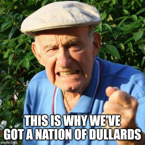 angry old man | THIS IS WHY WE'VE GOT A NATION OF DULLARDS | image tagged in angry old man | made w/ Imgflip meme maker