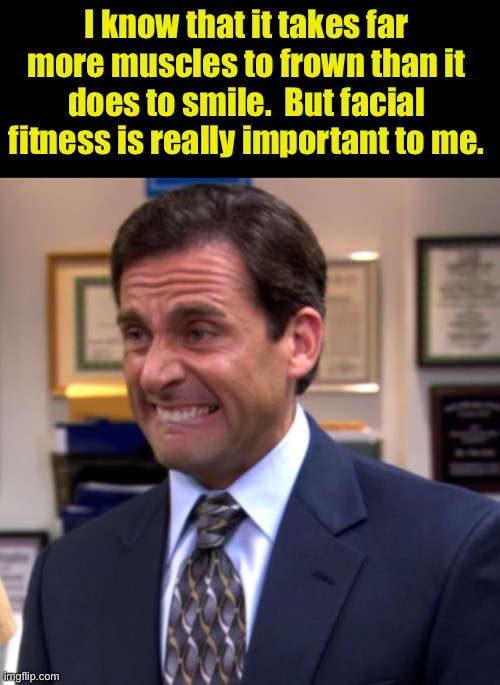 Frown | I know that it takes far more muscles to frown than it does to smile.  But facial fitness is really important to me. | image tagged in michael scott worried frown/grin | made w/ Imgflip meme maker