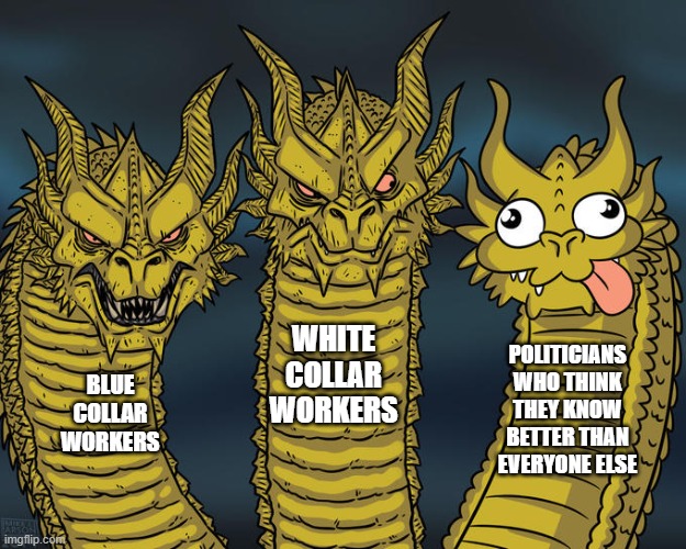 self importance | WHITE COLLAR WORKERS; POLITICIANS WHO THINK THEY KNOW BETTER THAN EVERYONE ELSE; BLUE COLLAR WORKERS | image tagged in three-headed dragon | made w/ Imgflip meme maker