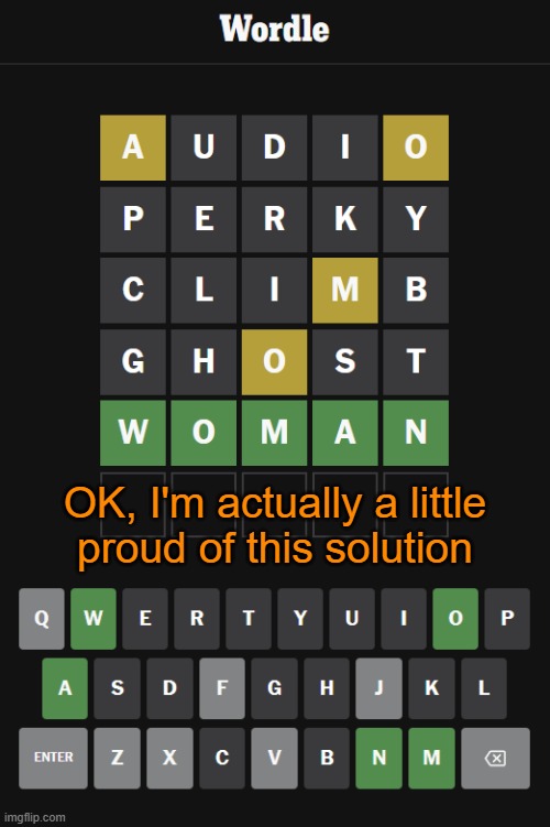 Spoiler for Dec. 6, 2023 | OK, I'm actually a little
proud of this solution | image tagged in memes,wordle,solution,board,game,woman | made w/ Imgflip meme maker