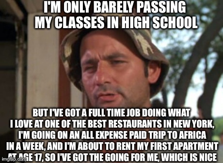 So I Got That Goin For Me Which Is Nice | I'M ONLY BARELY PASSING MY CLASSES IN HIGH SCHOOL BUT I'VE GOT A FULL TIME JOB DOING WHAT I LOVE AT ONE OF THE BEST RESTAURANTS IN NEW YORK, | image tagged in memes,so i got that goin for me which is nice,AdviceAnimals | made w/ Imgflip meme maker
