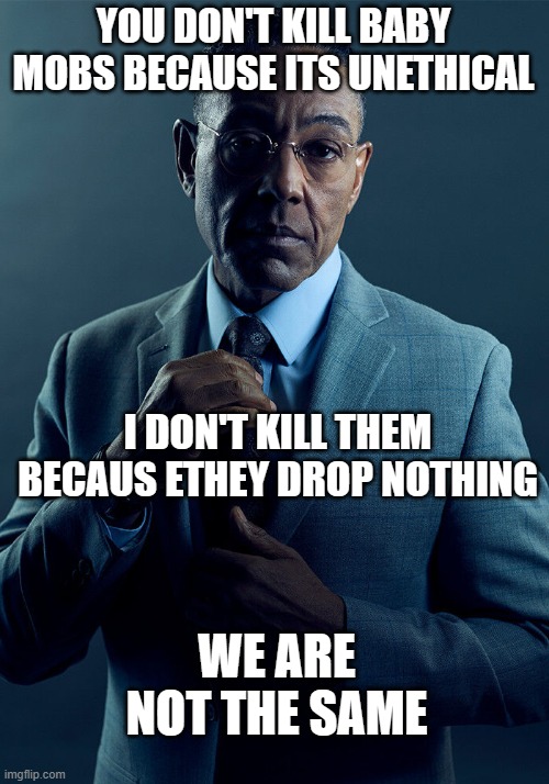 Gus Fring we are not the same | YOU DON'T KILL BABY MOBS BECAUSE ITS UNETHICAL; I DON'T KILL THEM BECAUS ETHEY DROP NOTHING; WE ARE NOT THE SAME | image tagged in gus fring we are not the same | made w/ Imgflip meme maker