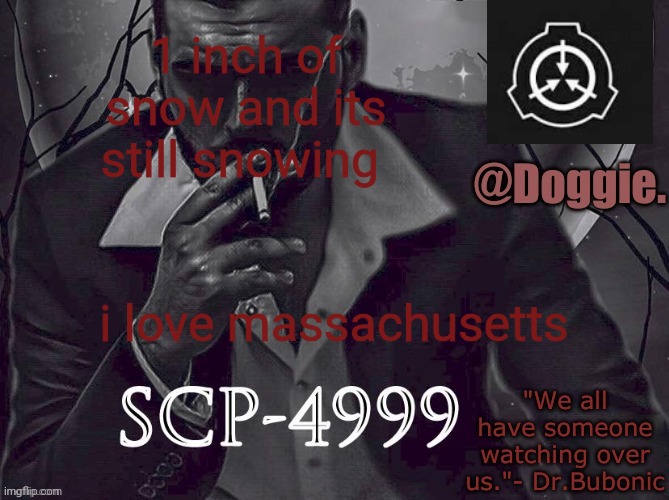 Doggies Announcement temp (SCP) | 1 inch of snow and its still snowing; i love massachusetts | image tagged in doggies announcement temp scp | made w/ Imgflip meme maker