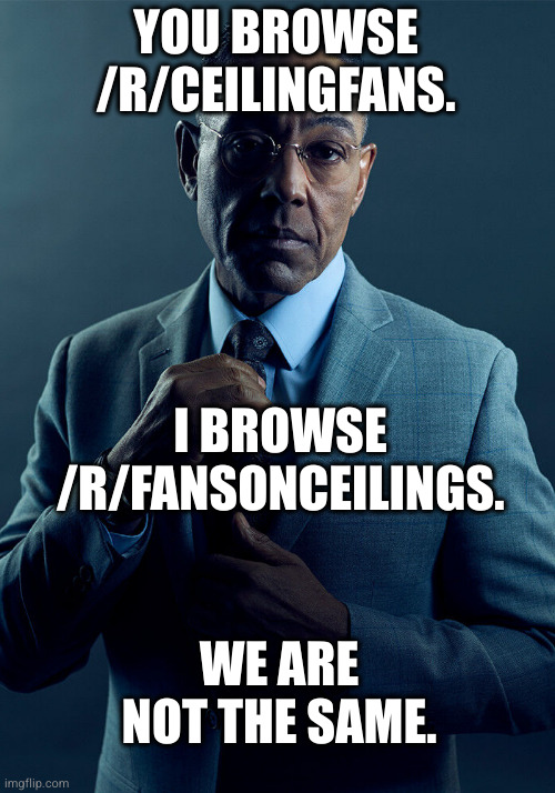 Gus Fring we are not the same | YOU BROWSE /R/CEILINGFANS. I BROWSE /R/FANSONCEILINGS. WE ARE NOT THE SAME. | image tagged in gus fring we are not the same | made w/ Imgflip meme maker