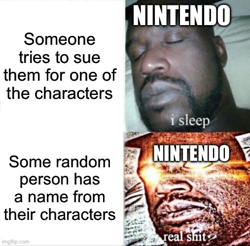 Sleeping Shaq Meme | Someone tries to sue them for one of the characters Some random person has a name from their characters NINTENDO NINTENDO | image tagged in memes,sleeping shaq | made w/ Imgflip meme maker
