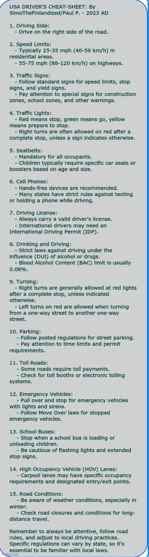USA Driver's Cheat-Sheet :> | image tagged in simothefinlandized,united states,driving,cheat sheet | made w/ Imgflip meme maker