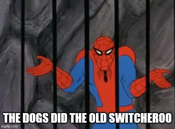 spiderman jail | THE DOGS DID THE OLD SWITCHEROO | image tagged in spiderman jail | made w/ Imgflip meme maker