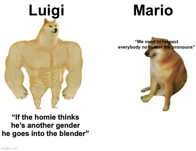 Buff Doge vs. Cheems Meme | Luigi Mario “If the homie thinks he’s another gender he goes into the blender” “We need to respect everybody no matter the pronouns” | image tagged in memes,buff doge vs cheems | made w/ Imgflip meme maker