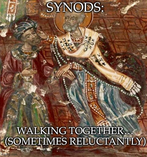 St Nicholas punching Arias | SYNODS:; WALKING TOGETHER…
(SOMETIMES RELUCTANTLY) | image tagged in santa,st nicholas,arias,heretic,synodality,synods | made w/ Imgflip meme maker