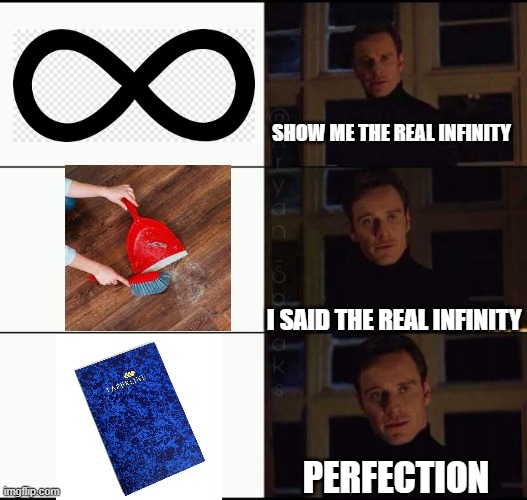 Logic dictates at least one person will find this relateable | SHOW ME THE REAL INFINITY; I SAID THE REAL INFINITY; PERFECTION | image tagged in show me the real | made w/ Imgflip meme maker