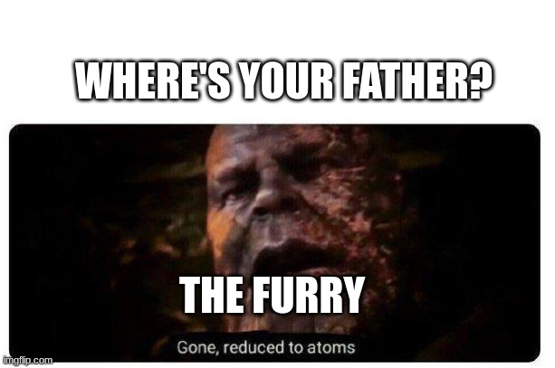 True | WHERE'S YOUR FATHER? THE FURRY | image tagged in gone reduced to atoms,furry,father | made w/ Imgflip meme maker